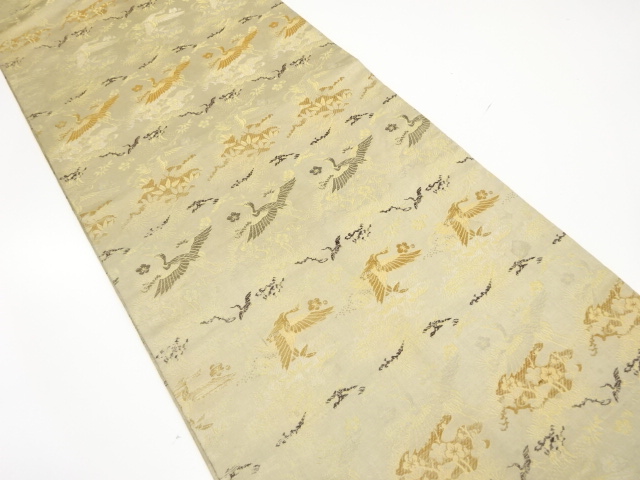 アンティーク　鶴に松竹梅模様織出し丸帯（材料）